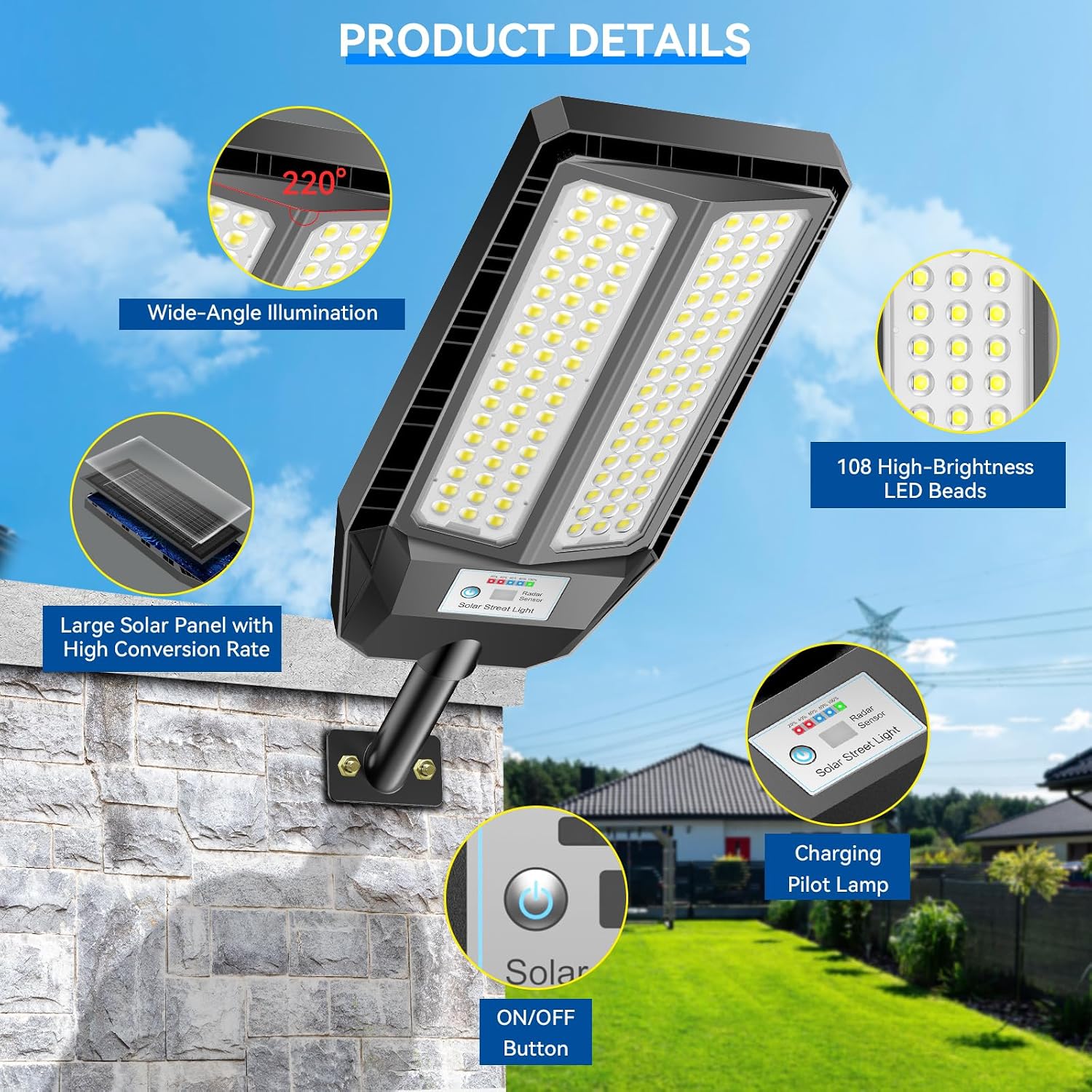 Detalle de Adewalk 700W Lampione Solare LED Esterno con Telecomando e Sensore di Movimento – IP66