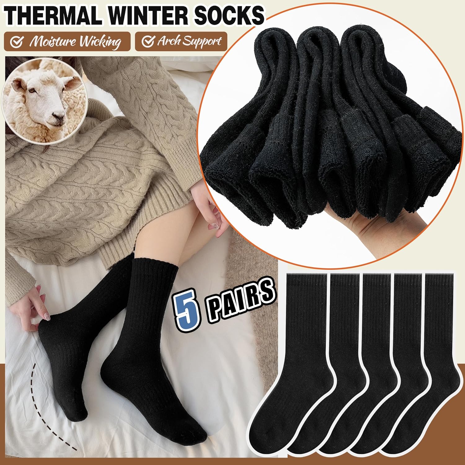 Detalle de EBMORE Merino Wool Thermal Socks 5 Pairs