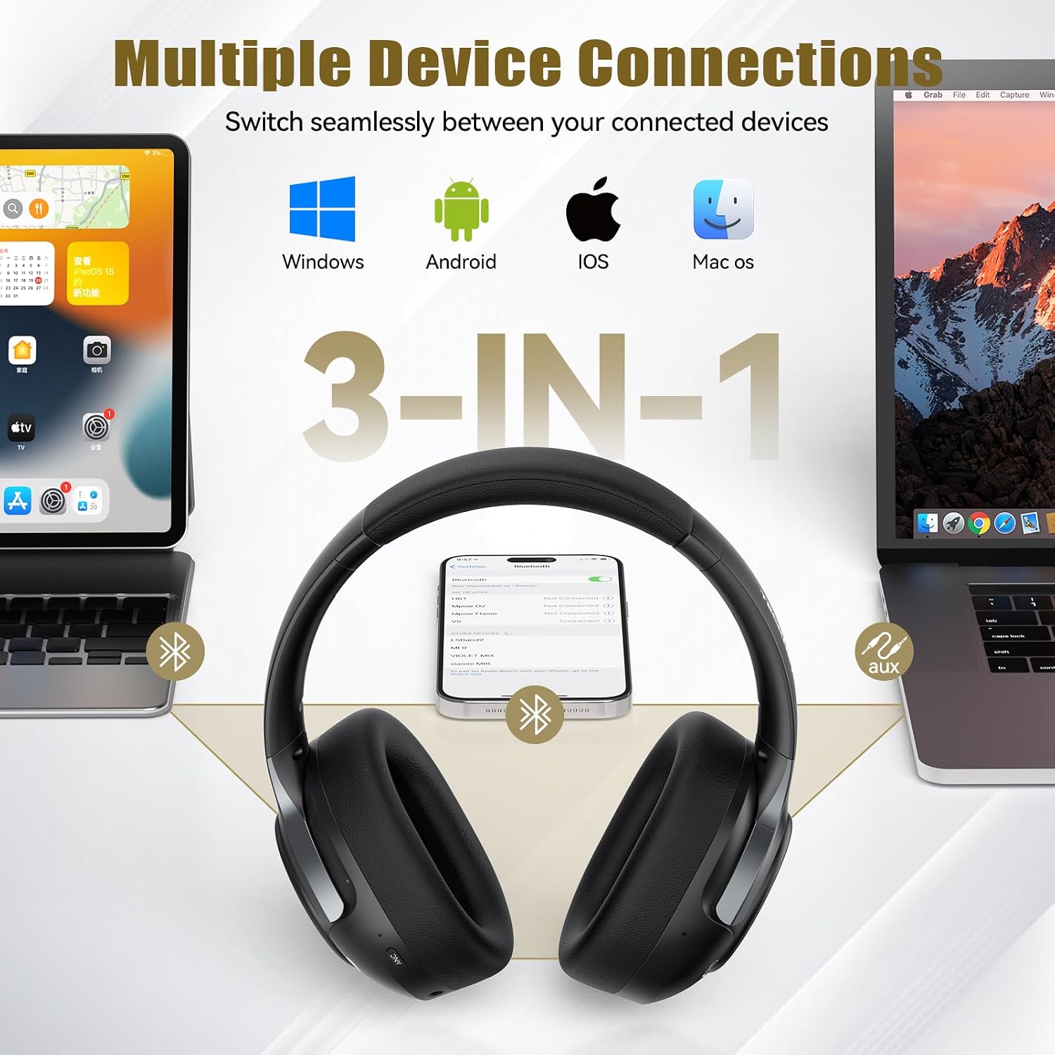 Thumbnail 6 de TECKNET Active Noise Cancelling Headphones with Bluetooth 6.0, 70H Playtime, 6 EQ Modes, and 3.5mm Cable