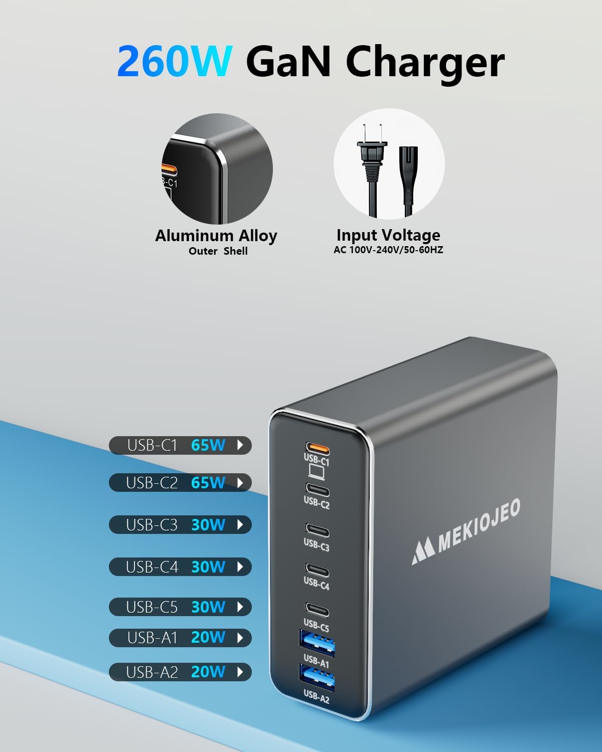 Detalle de Aluminum Alloy 260W USB C Charger 7-Port GaN Station🔌