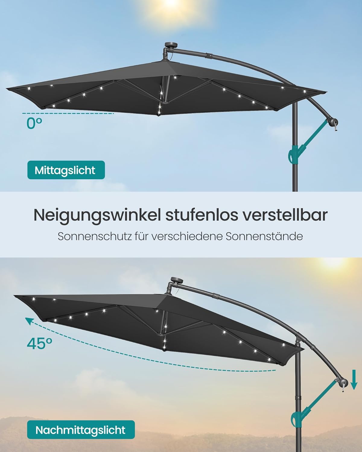 Thumbnail 4 de SONGMICS Ampelschirm 350 cm mit LED-Solar-Beleuchtung, 32 LEDs, UPF 50+, Kurbel und Ständer (grau) GPU119GZ01