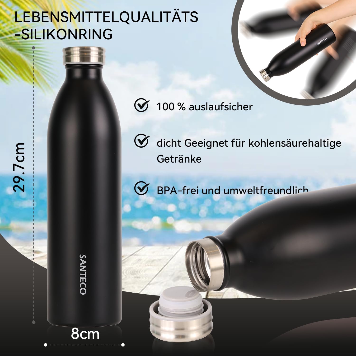 Detalle de SANTECO Edelstahl-Trinkflasche 1 l – 12 h heiß / 24 h kalt, absolut dicht