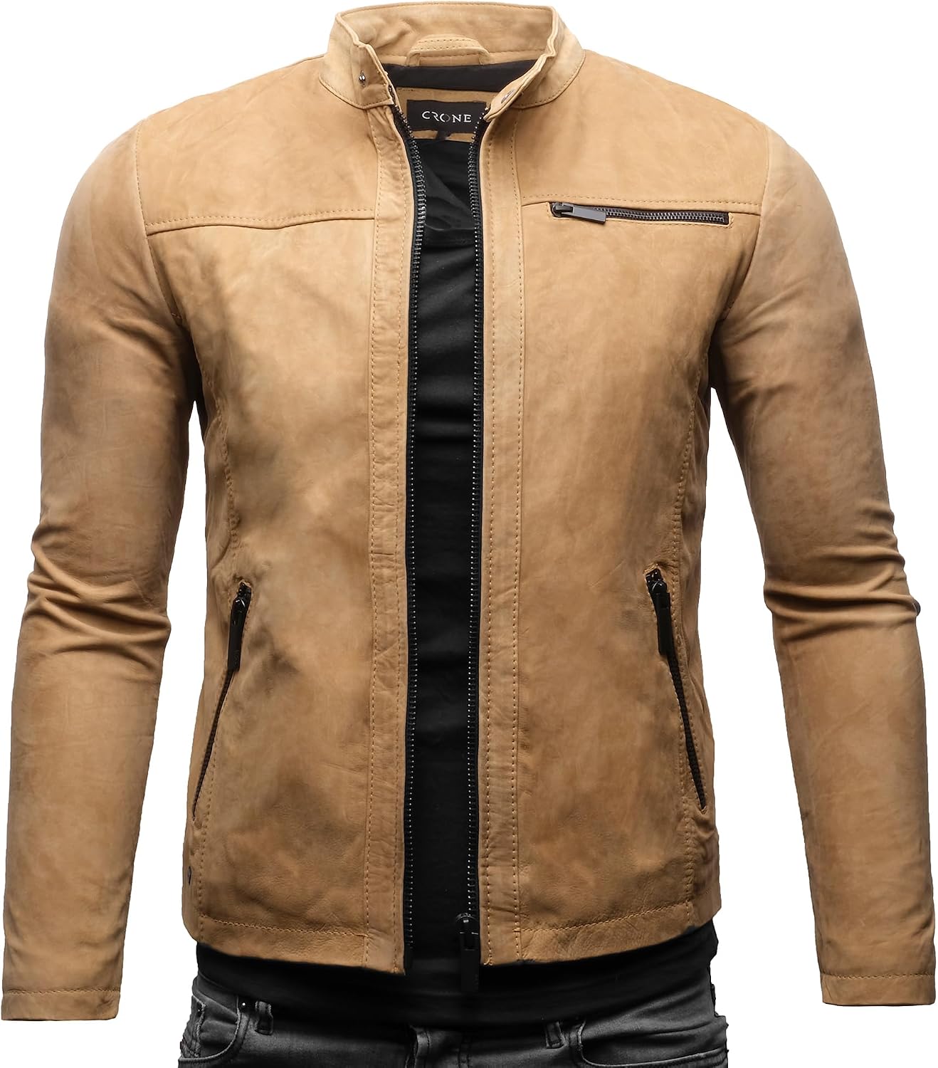 Detalle de Crone Epic Herren Lederjacke Cleane Basic aus Echtleder – in vielen Varianten und Farben