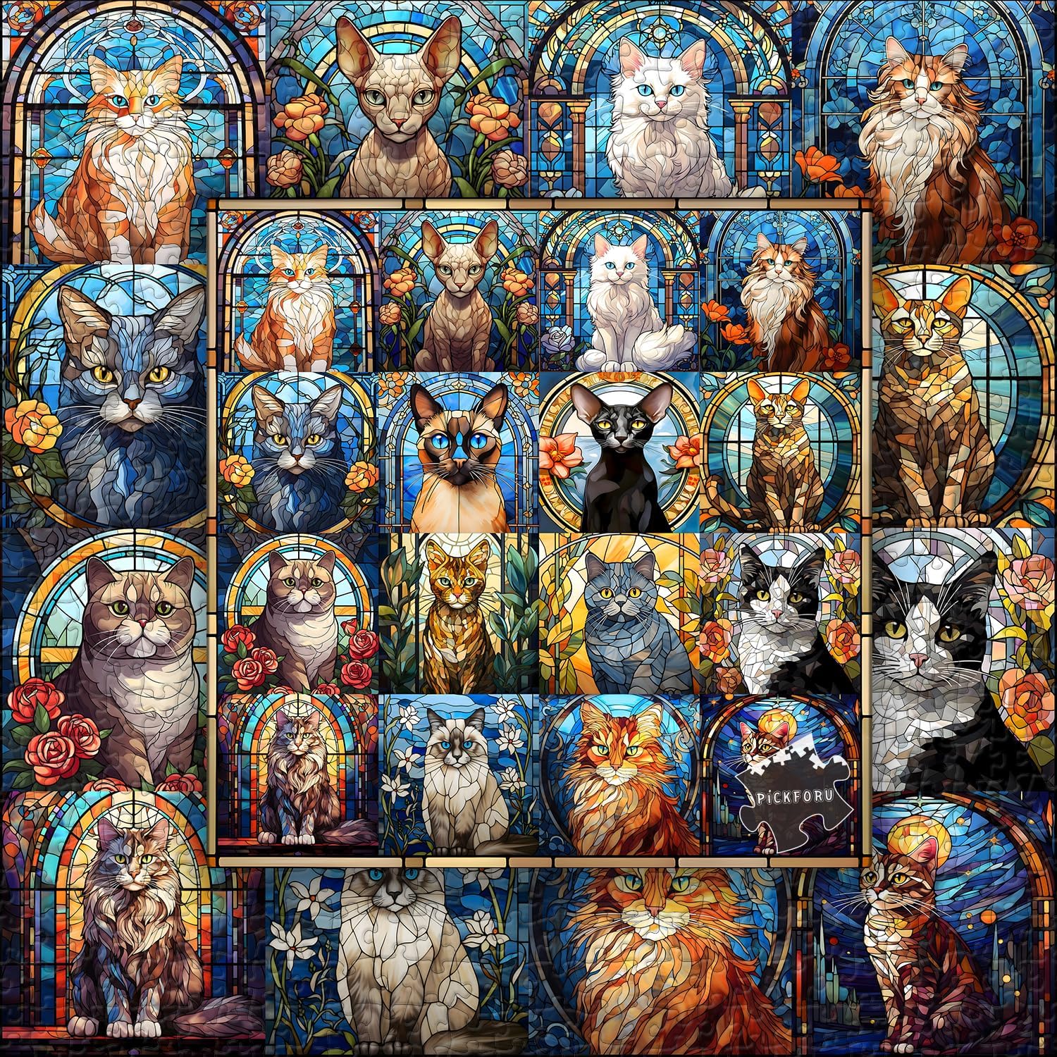 Thumbnail 5 de Stained Glass Puzzle Cat Puzzles for Adults – 1000 pièces, vitrail coloré avec 16 chats