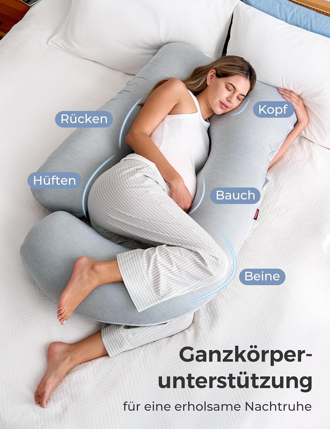 Detalle de Momcozy U‑Form Schwangerschaftskissen 145 cm mit Kühlbezug – seitliche Schlafunterstützung, abnehmbar & waschbar