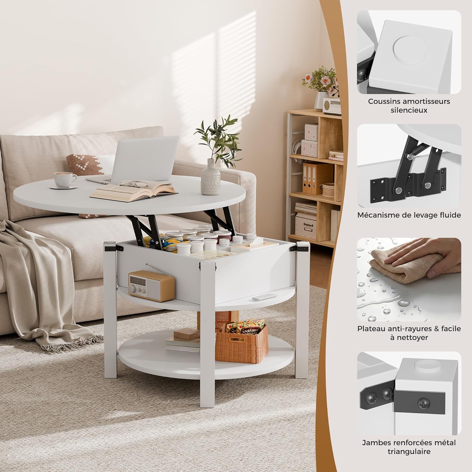 Thumbnail 6 de ELUCHANG Table Basse avec Rangement Caché 2-en-1 — 80x80 cm, Blanc