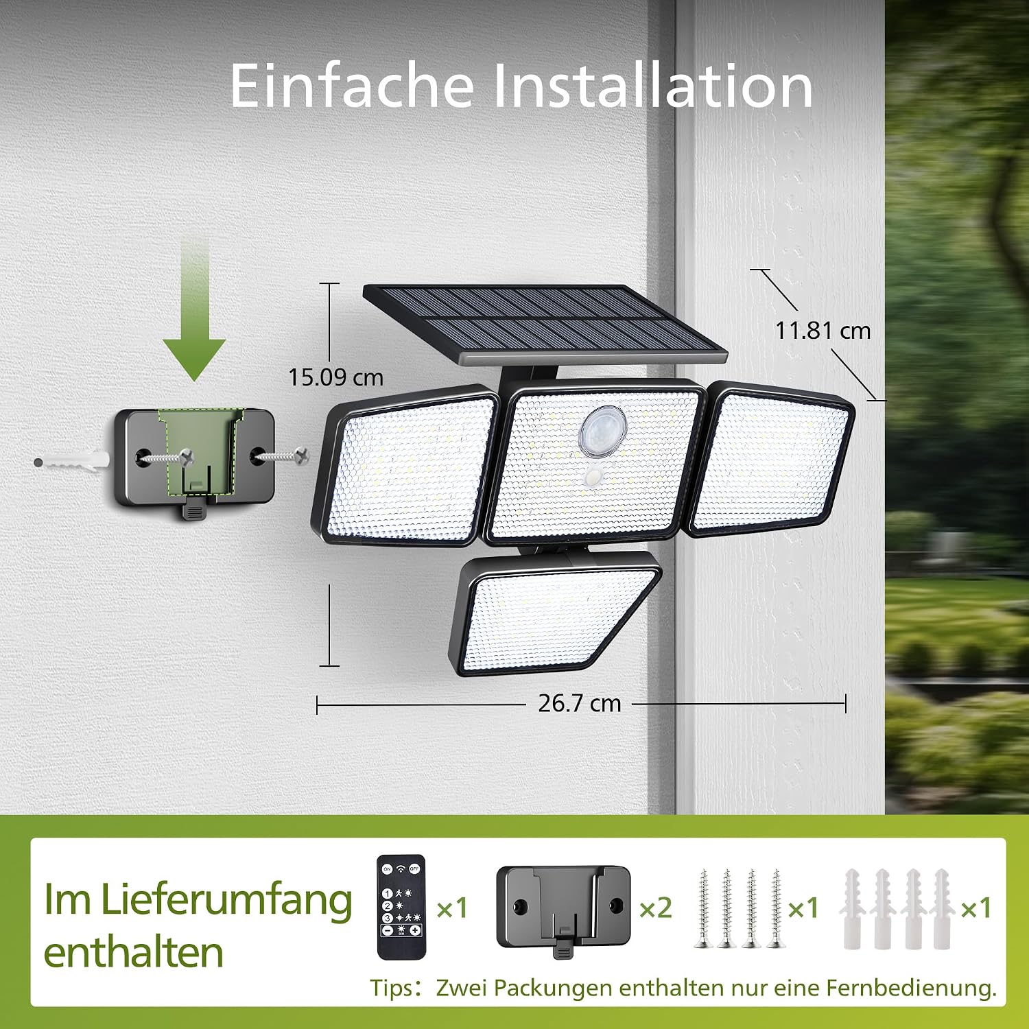 Detalle de Philips Solarlampen Außen mit Bewegungsmelder – 196 LED, 4 verstellbare Lampenköpfe, 2er-Set mit Fernbedienung