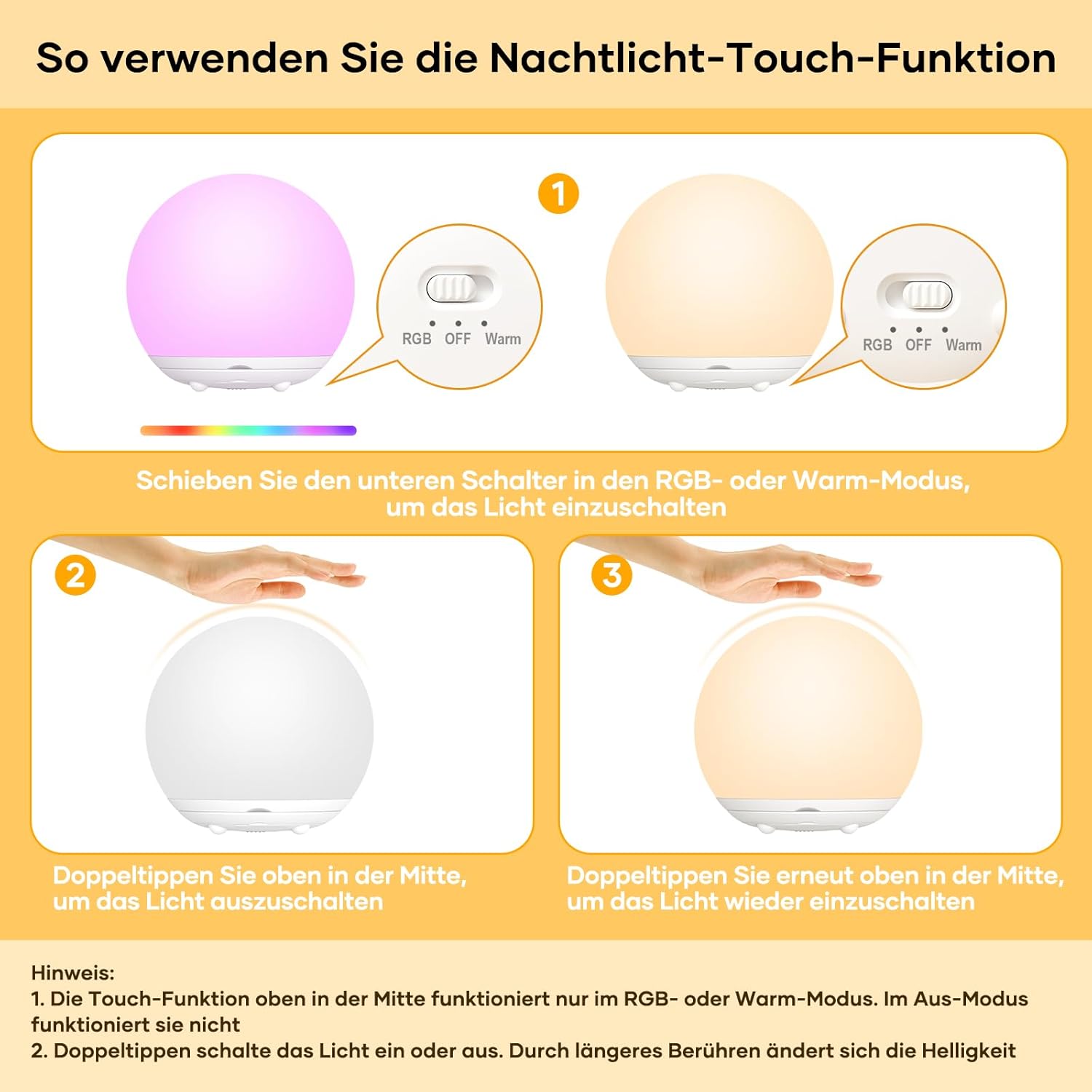 Detalle 2 de Suright Nachtlicht Kinder Touch, RGB 7 Farben