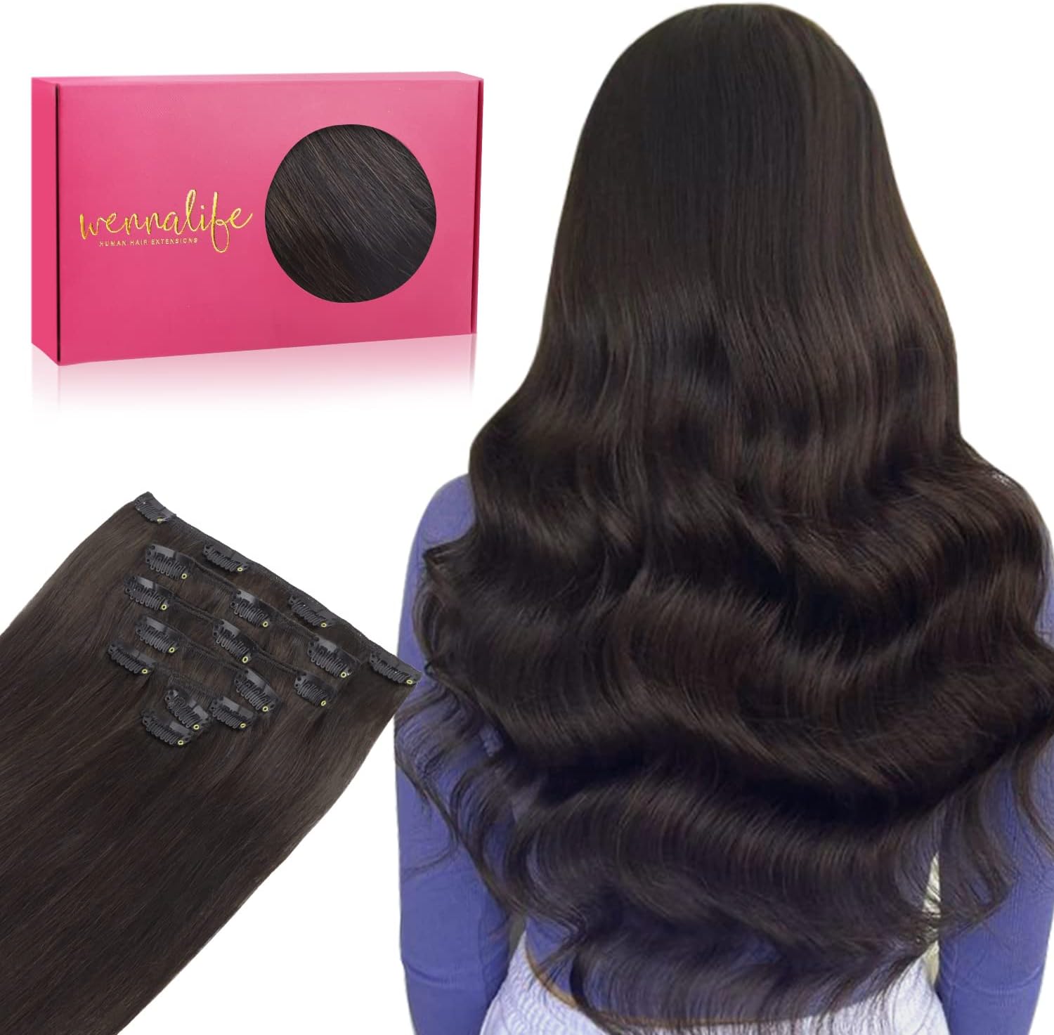 Detalle de WENNALIFE Extension a clip di capelli veri Remy, vergini, 50,8 cm, castano scuro, 7 pezzi 70 g