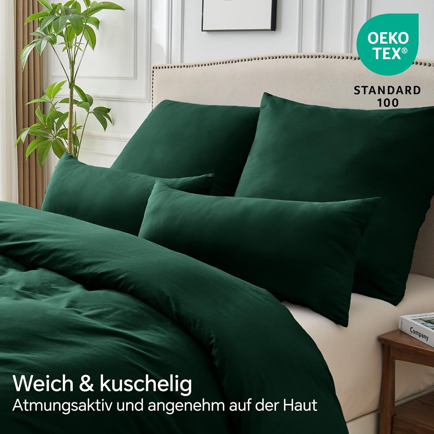 Detalle de BEDELITE Kissenbezug 40x80 cm aus Baumwolle, dunkelgrün – 2er-Set mit extra langem Reißverschluss