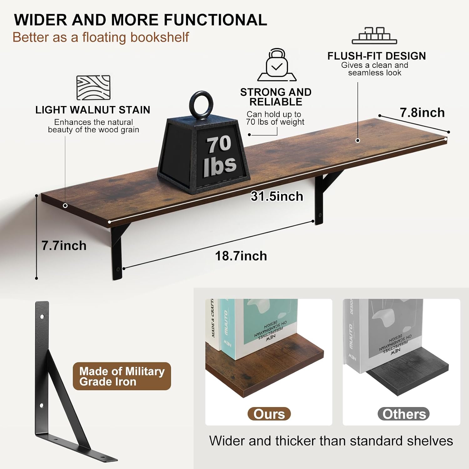 Detalle de Tectocker-DOU 123 Floating Wall Shelves, 31.5-Inch Rustic Brown, 40 lb Capacity