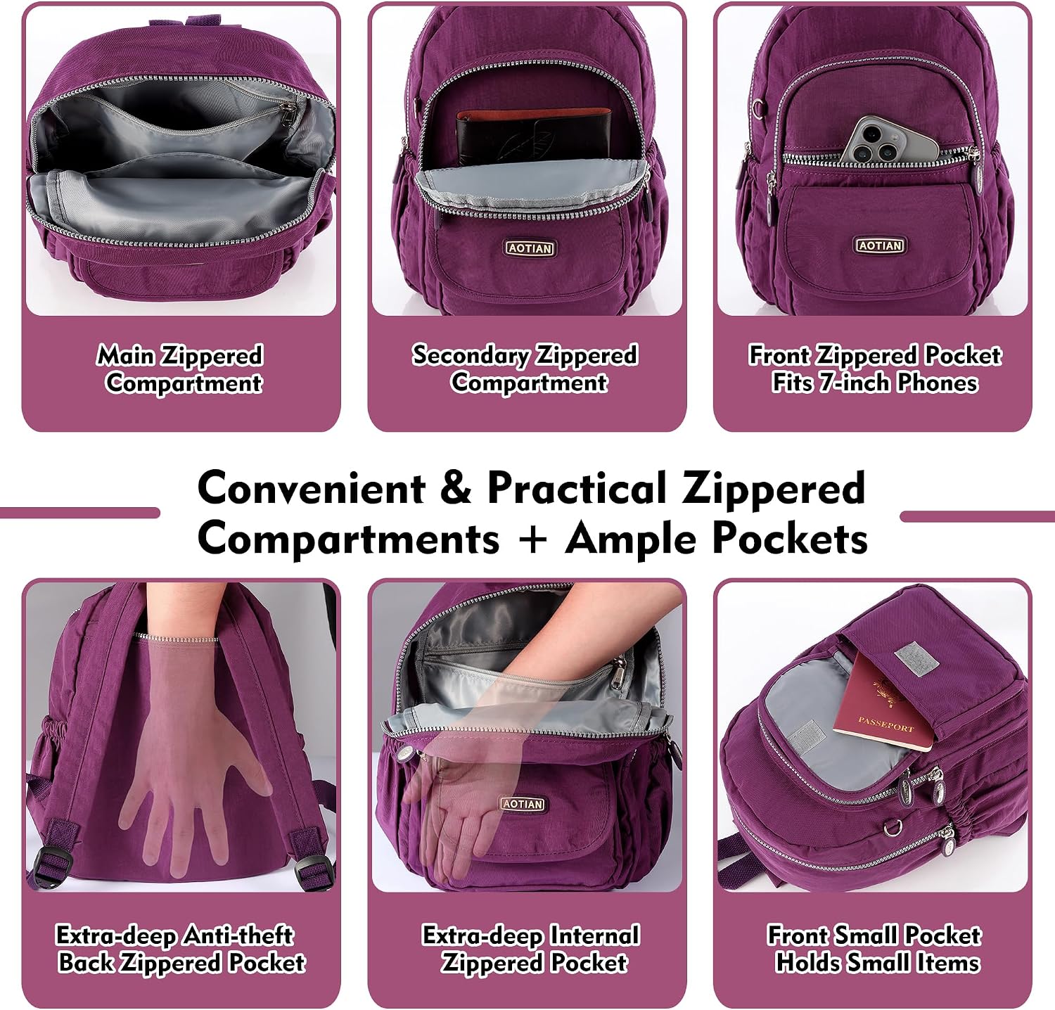 Detalle de AOTIAN Nylon Lightweight Sturdy Little Casual Backpack 7 L