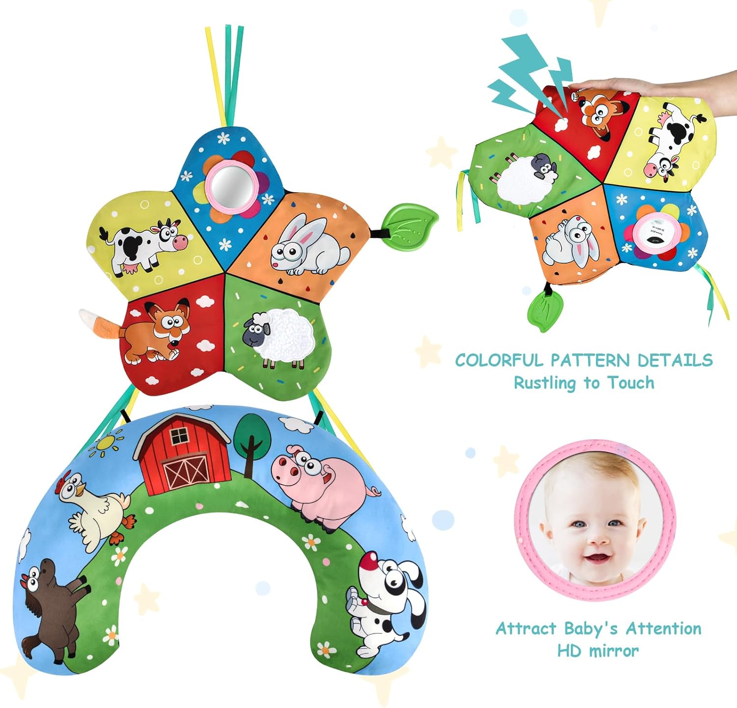 Thumbnail 2 de Vicloon Tummy Time Pillow with Mirror and Teether — Black & White High Contrast Baby Toy Set (Farm) for 0–6 Months