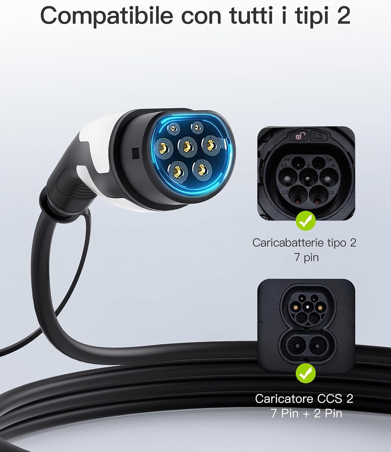 Thumbnail 2 de Tomons Cavo di Ricarica Rapida Tipo 2 a Tipo 2, 11 kW – 5 m, IP55, TPU ignifugo, compatibile con veicoli Type 2 e CCS2