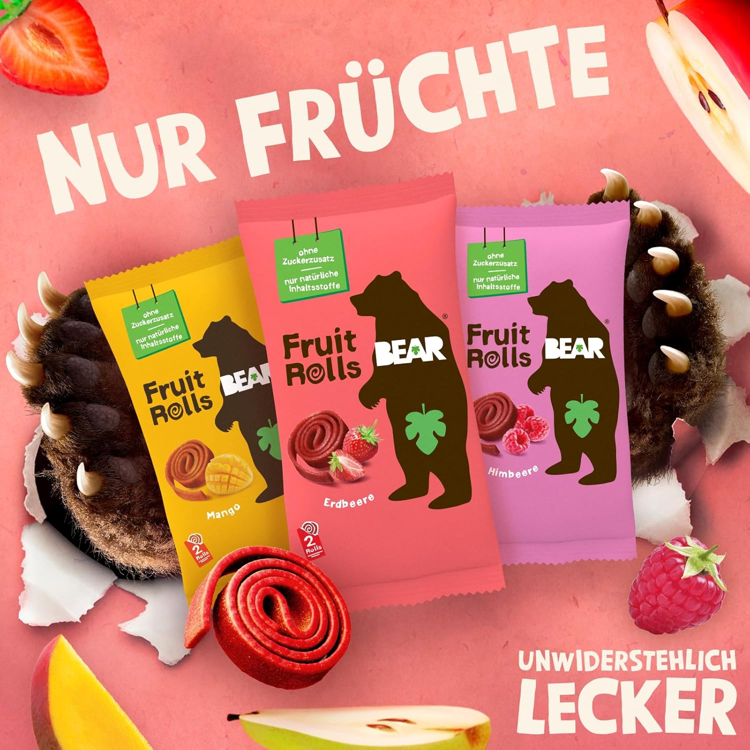 Detalle 2 de BEAR Fruchtrollen Mixbox – 100% Natürliche Inhaltsstoffe, ohne Zuckerzusatz, 24 Beutel (480 g)