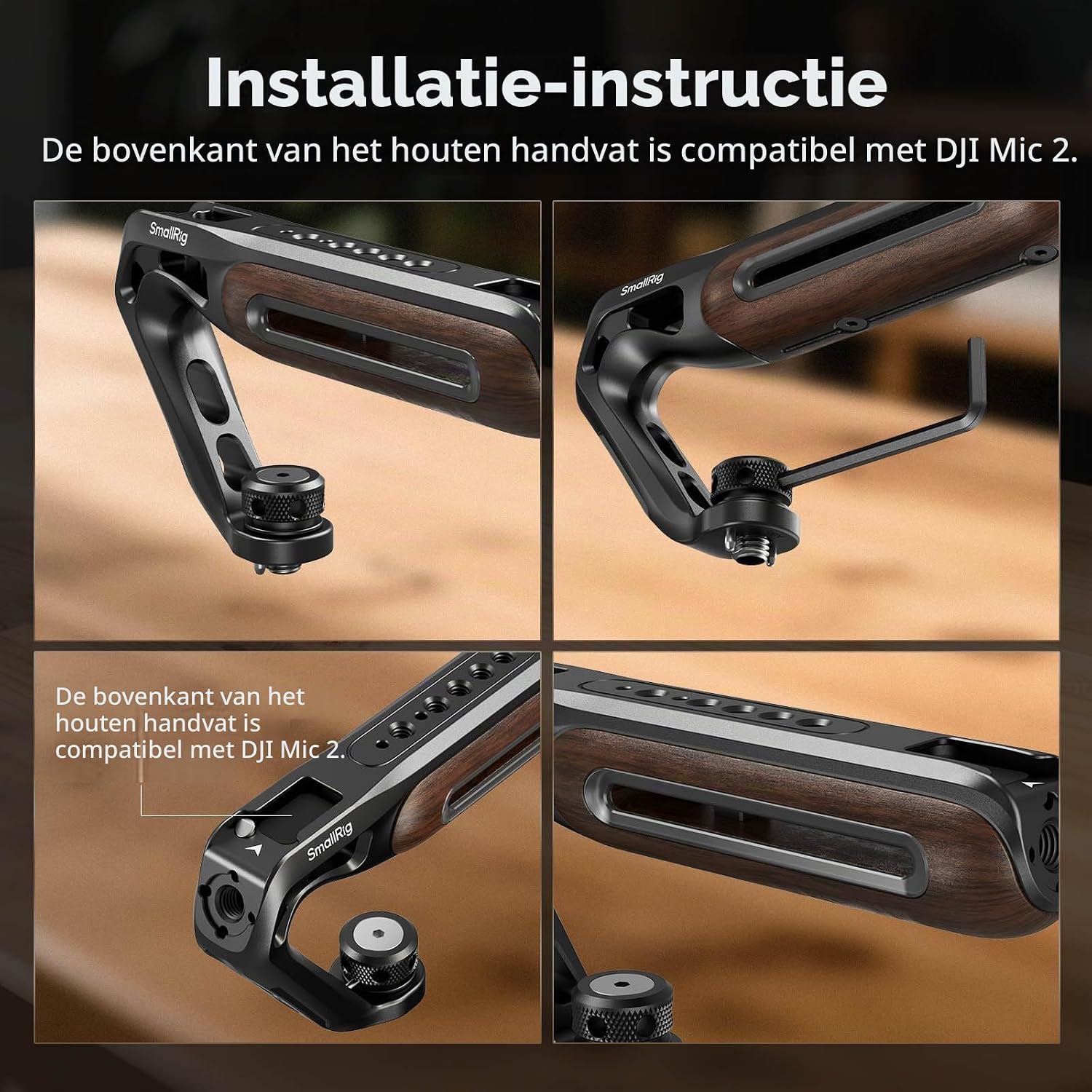 Detalle 1 de SMALLRIG 5252 houten cameragreep met 1/4"-20/3/8"-16-bevestiging en 15 kg draagvermogen
