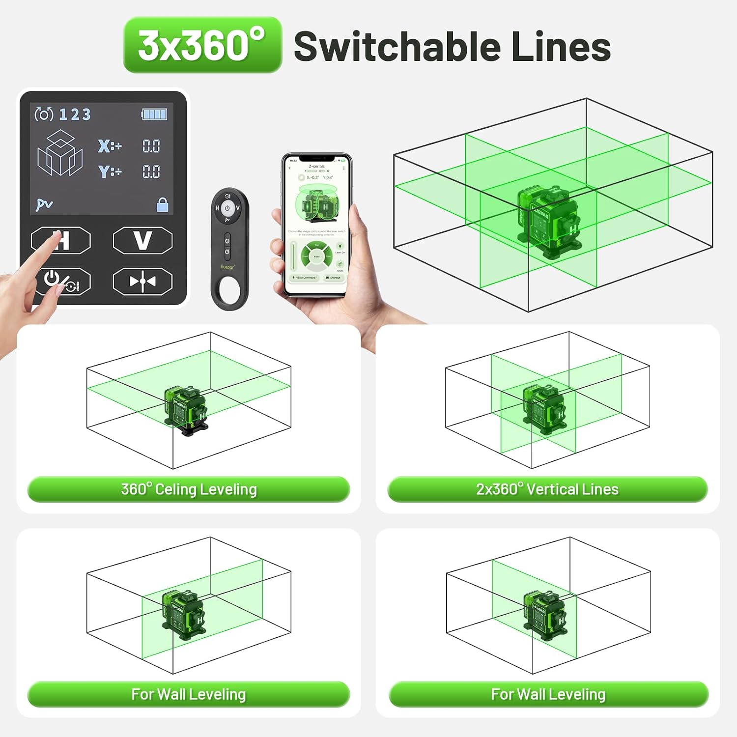Detalle 2 de Huepar W03CG New Construction 3D 3x360 Green Laser Level (Bluetooth, Electric 360° Base & Large LCD)