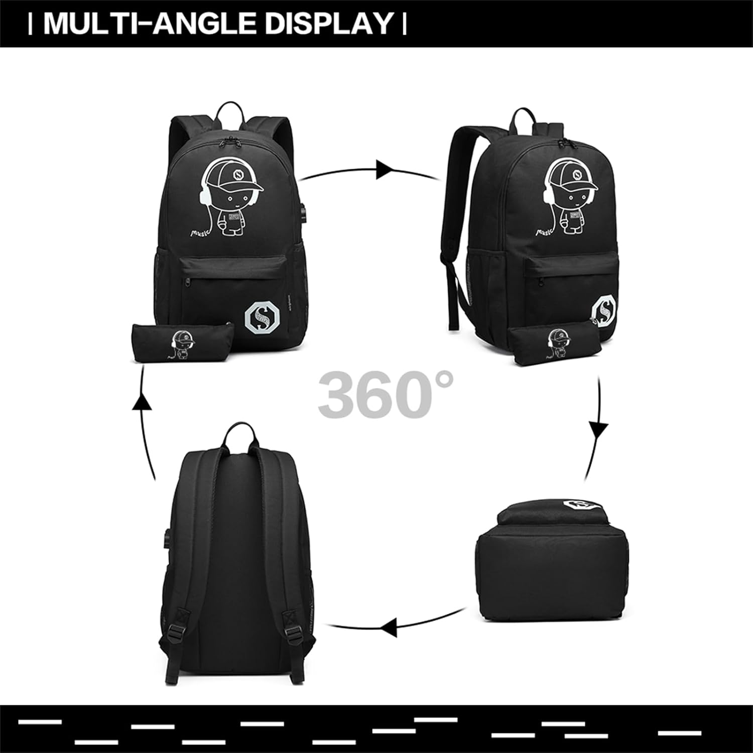 Detalle de Kono Luminous Anime School Backpack | 15.6 inch Laptop Backpack in Black
