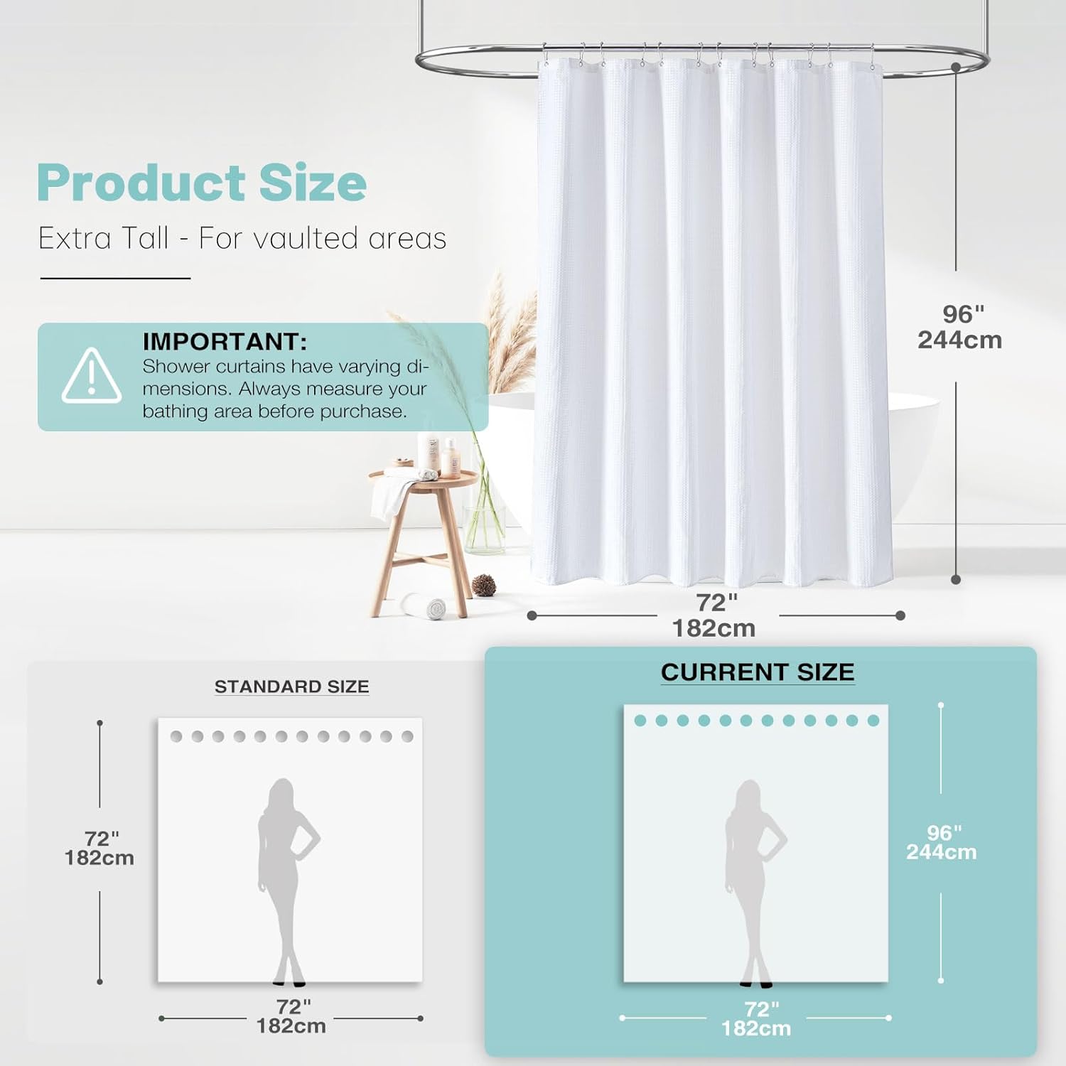 Detalle 2 de BTTN 182 x 244cm Drop Waffle Shower Curtain – Extra Long, Heavy-Duty Waterproof Fabric with Weighted Hem
