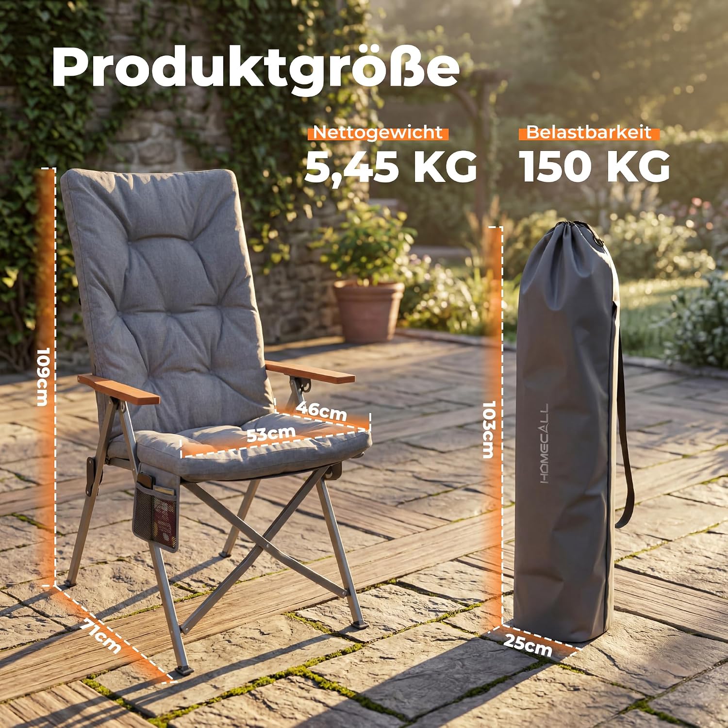 Detalle 2 de Homecall Faltbarer Campingstuhl Hochlehner 150 kg Belastbarkeit – Luxus Klappstuhl