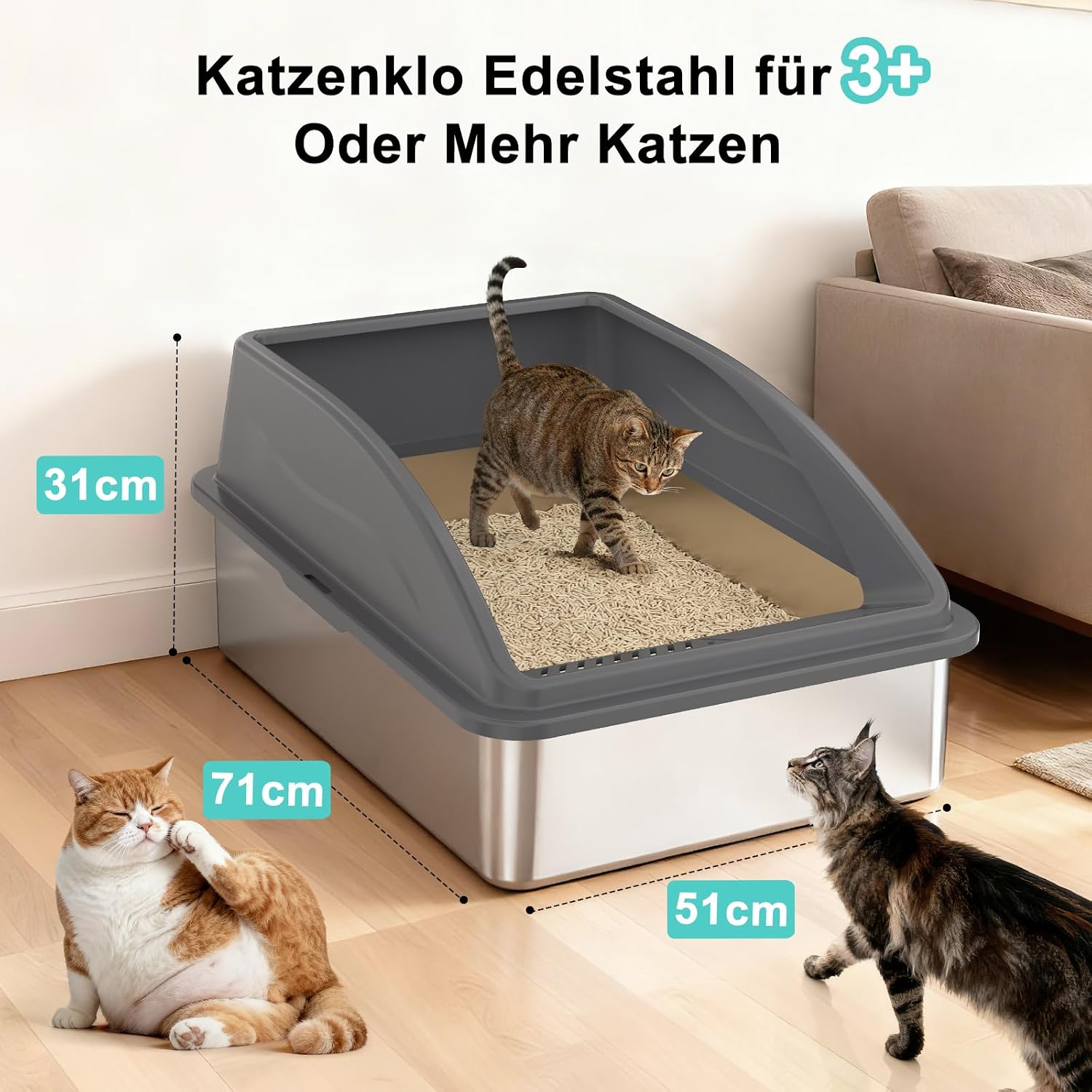 Thumbnail 2 de FURTIME XXXL kattenbak van roestvrij staal, 71 × 51 × 31 cm, met hoge rand