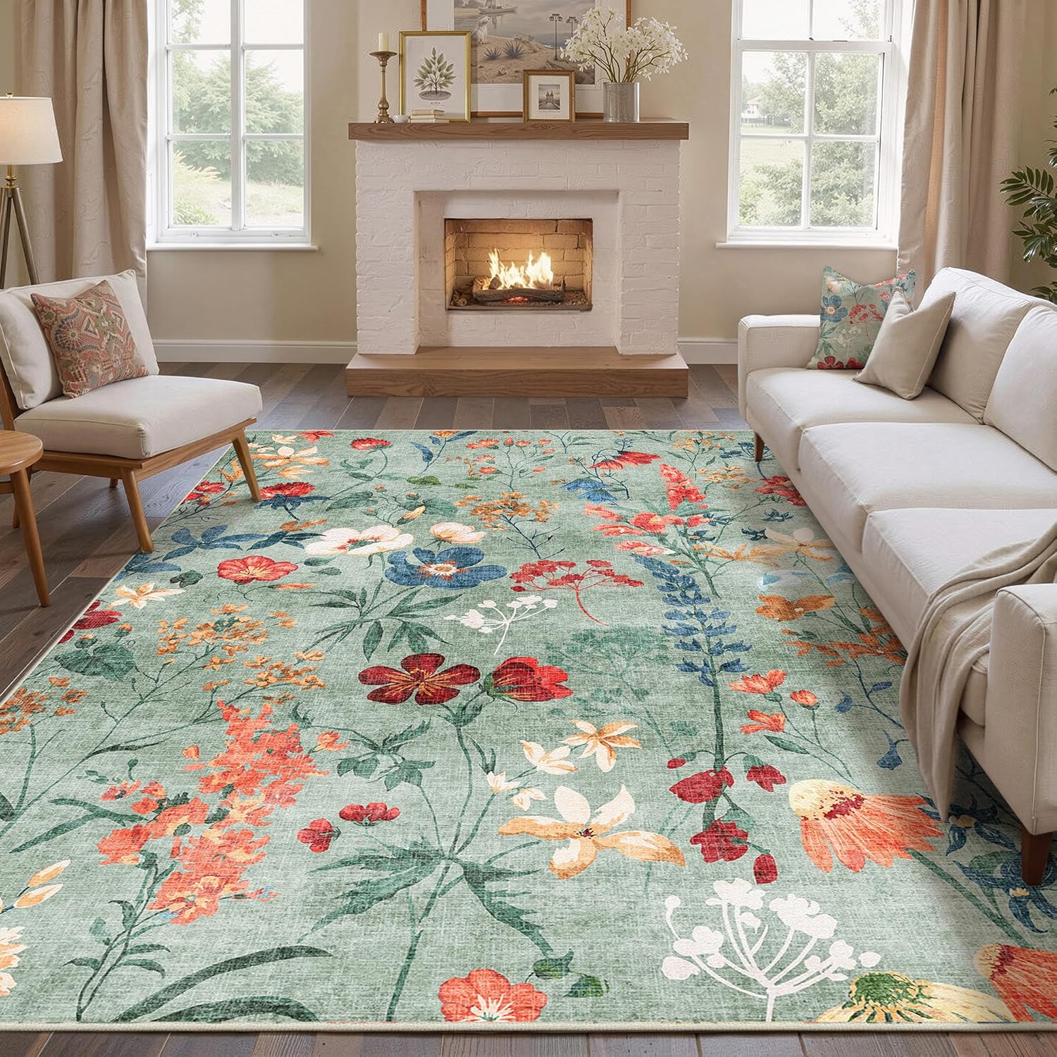 Detalle de HUGEAR waschbarer Teppich mit Blumenmuster (200x300 cm) – rutschfest für Wohnzimmer, Schlafzimmer & Büro