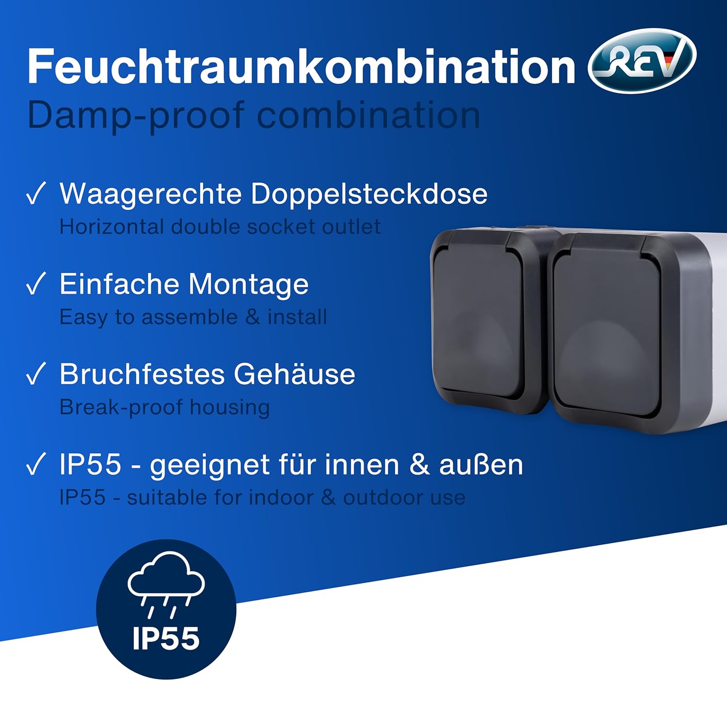 Detalle de REV AquaStorm: 2‑fach Aufputz-Feuchtraumsteckdose IP55, anthrazit, 230V / 16A