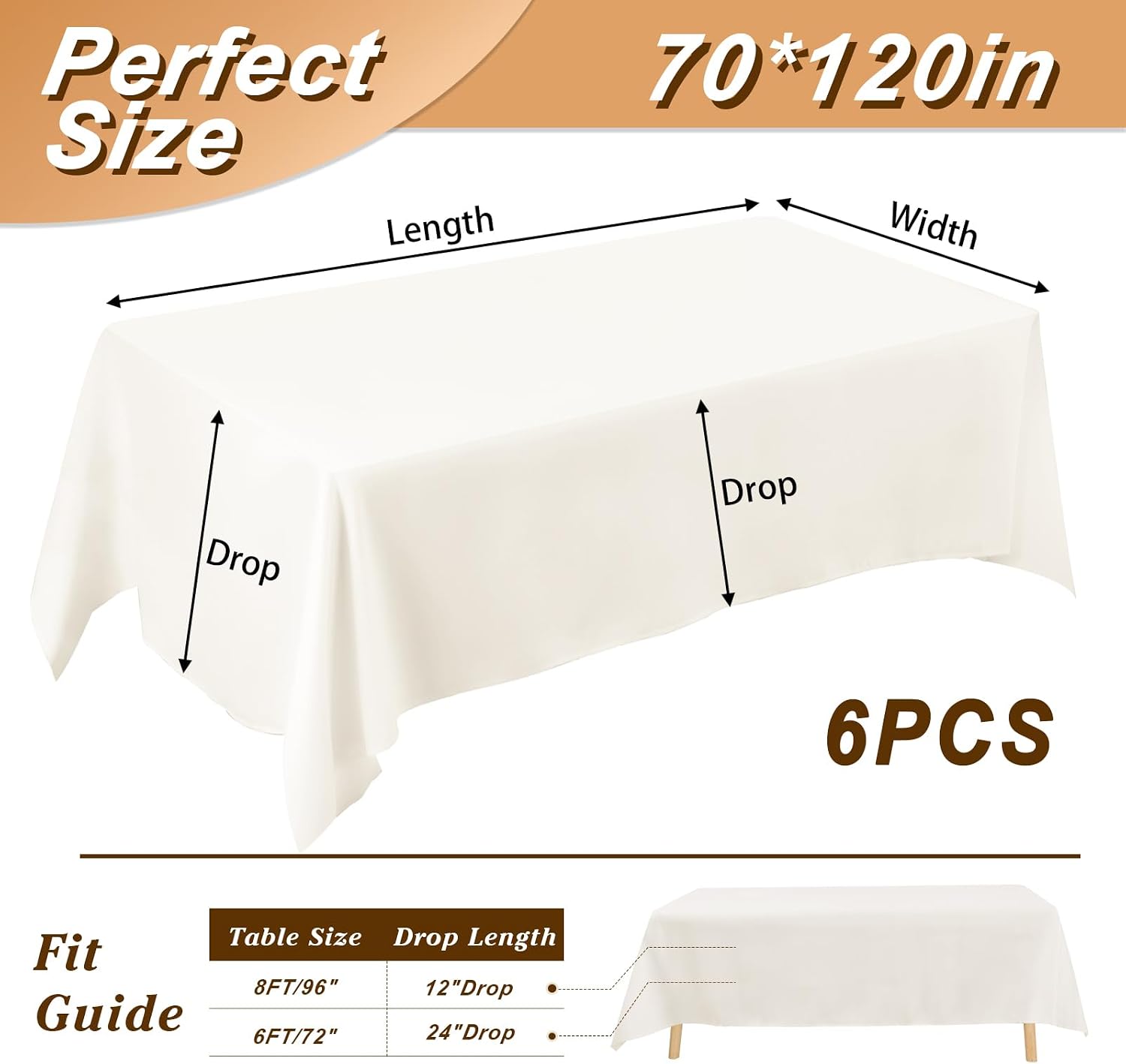 Detalle de Fixwal 6 Pack Ivory 70 x 120 Inch Rectangle Tablecloths
