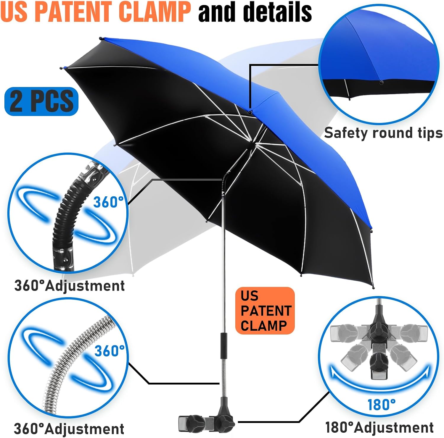 Thumbnail 2 de NBtoUS 2-Pack Beach Umbrella with Clamp: 360° Adjustable UV Protection for Chairs