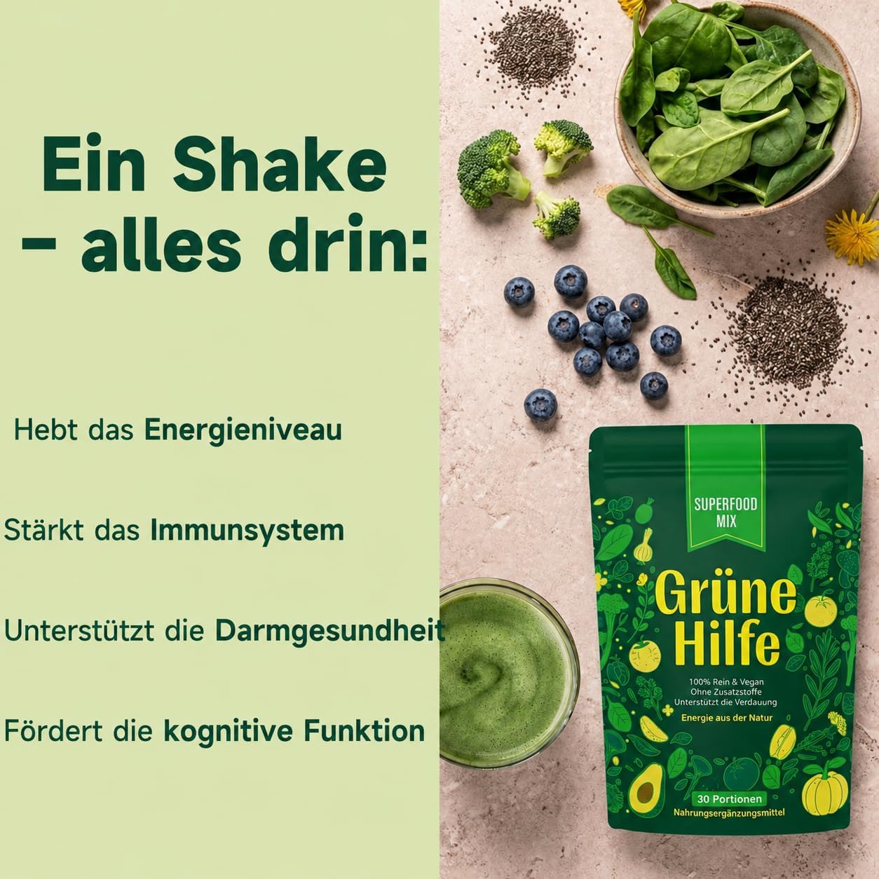 Detalle de Grüne Entgiftungspulver, 210 g – Grünes Superfood Pulver mit 24 Nährstoffquellen, Vitamin C & D3