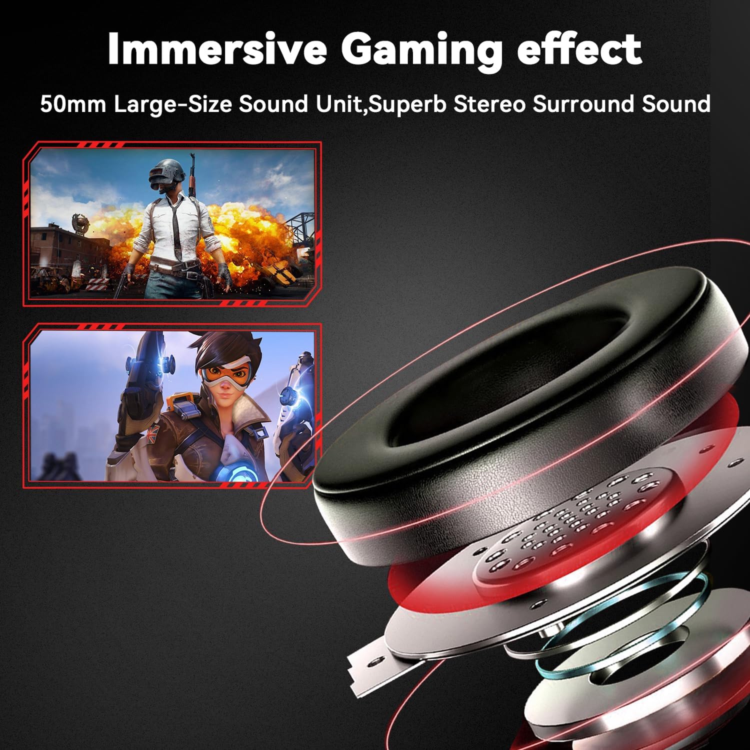 Detalle 2 de Jimonyer A82 Gaming Headset, 7.1 Surround Sound, 50mm Drivers, Red RGB