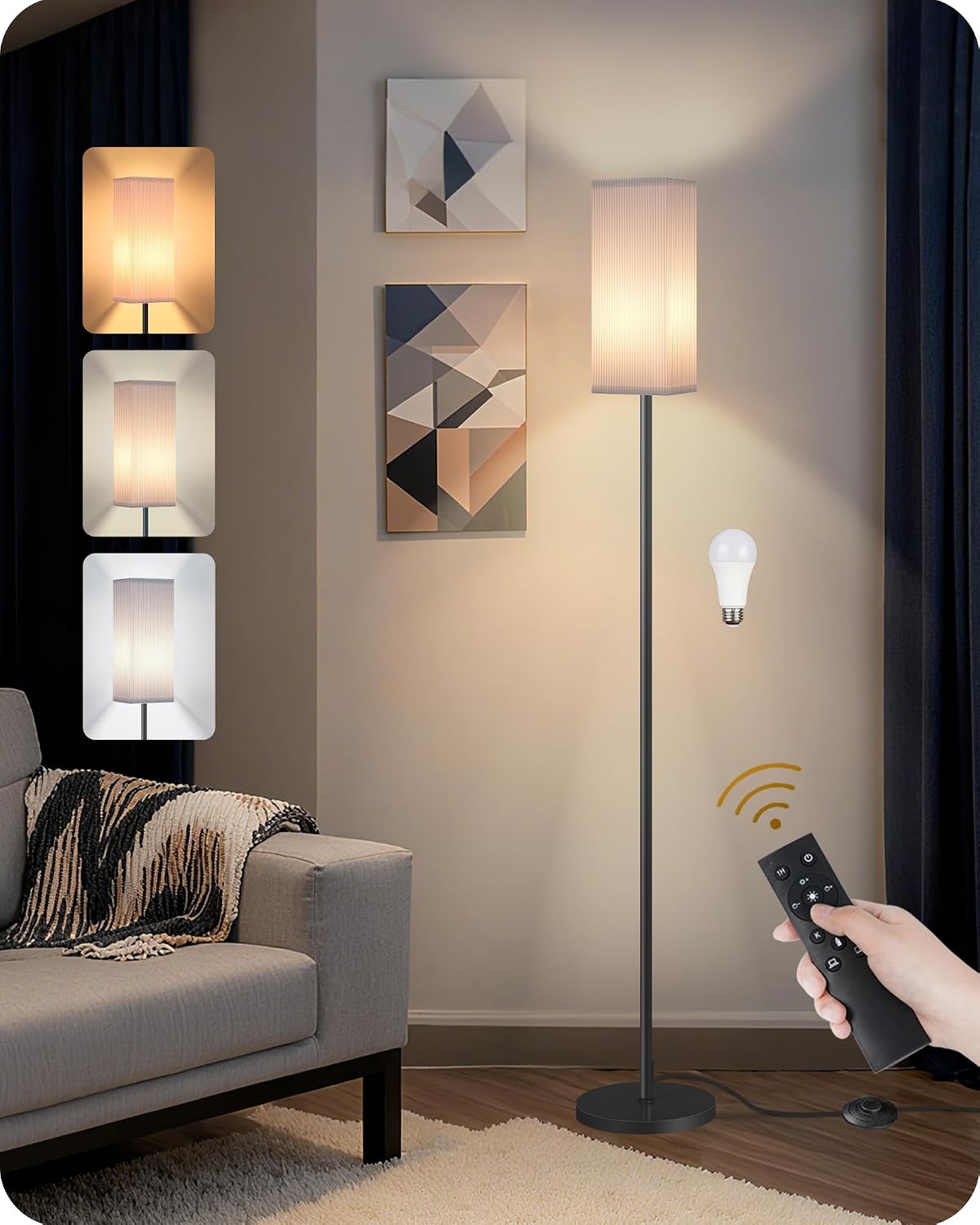 Detalle de GOEBLESON BP-F006S Dimmable Floor Lamp with Remote, Foot Switch and Pleated Shade