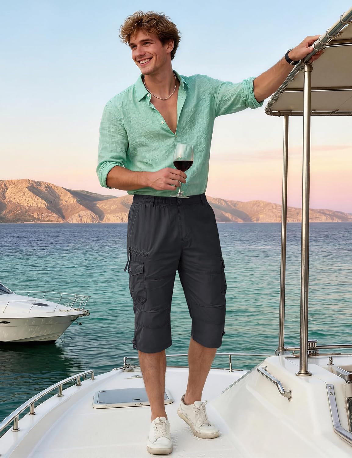 Detalle de KEFITEVD 3/4 Hose Herren Cargo Shorts – lässige Baumwoll-Shorts mit viel Stauraum