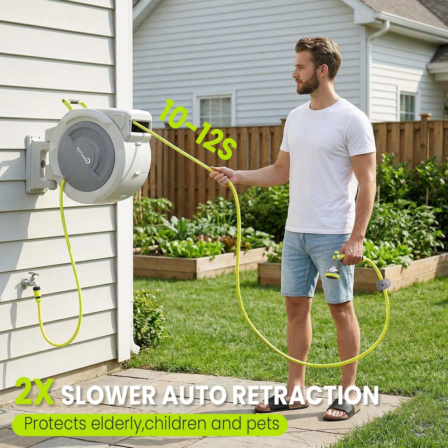 Detalle de Bietor Retractable Garden Hose Reel with 45m Main Hose + 2m Lead, UV-Resistant Wall Mount, 10-Pattern Nozzle, 180° Swivel, Slow Return