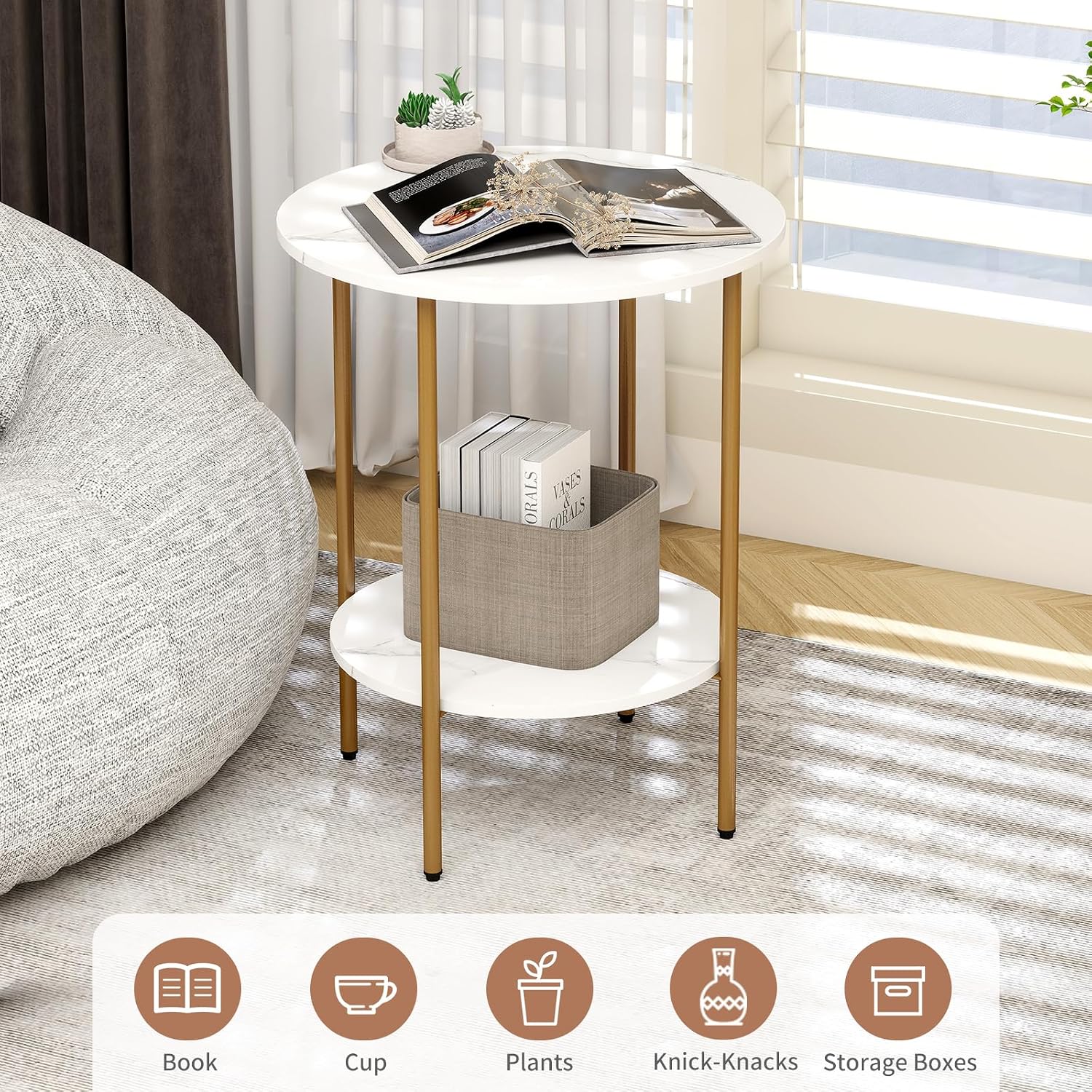 Detalle 2 de CAMOAT Two-Tier Side Table with Marble-Look Wood Top and Metal Frame