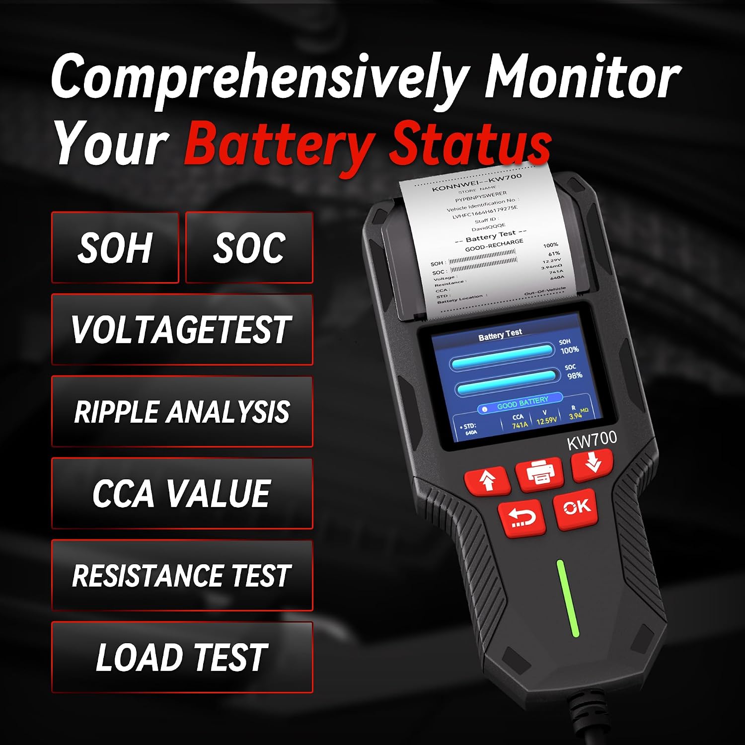 Thumbnail 2 de KONNWEI KW700 batteritestare med skrivare för 12/24 V, 10–2 000 CCA