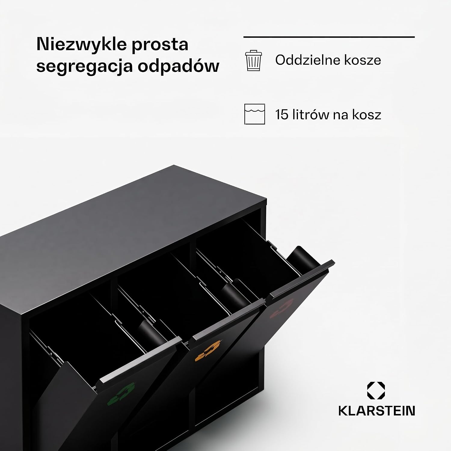 Detalle de Klarstein Ordnungshüter 3 3-in-1 Kitchen Bin, 45L, 3 x 15L Removable Bins, Black