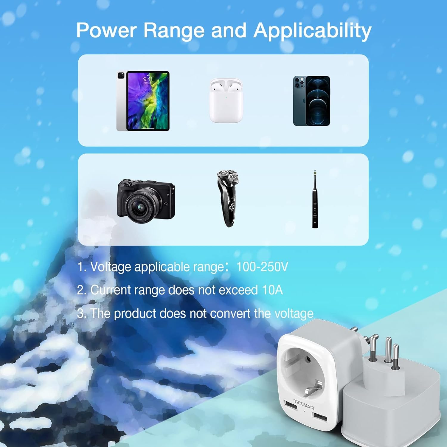 Thumbnail 4 de TESSAN Adaptateur prise Suisse/France avec 2 USB (type J) – voyage vers Suisse, Liechtenstein et plusieurs pays