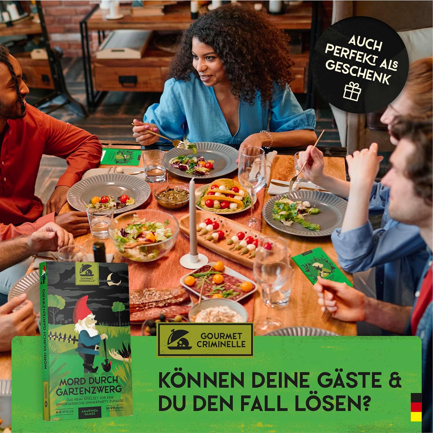 Detalle de Gourmet Criminelle® Krimidinner für zuhause – Mordfall mit Gartenzwerg, Spiel für 4–6 Personen ab 16 Jahren