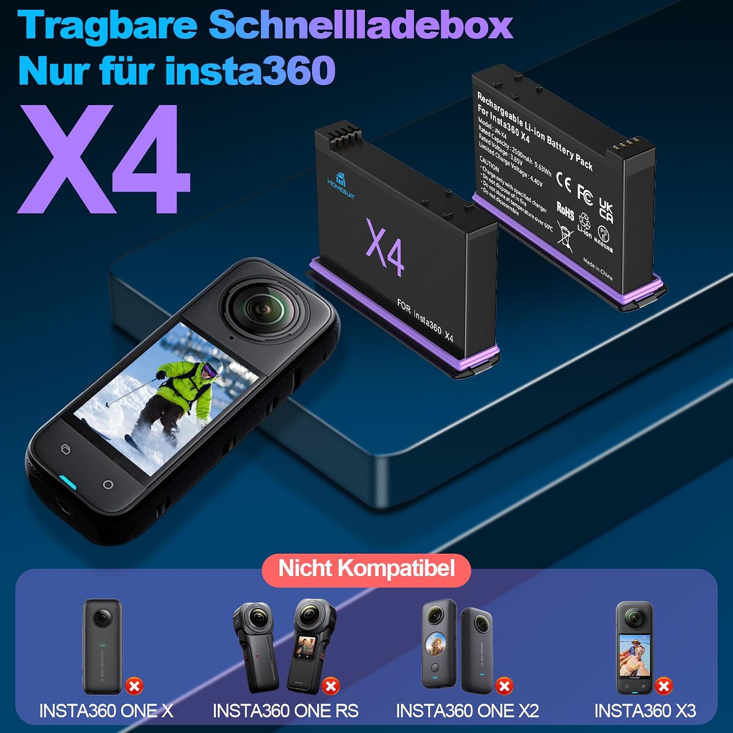 Detalle de Homesuit 2er-Pack Insta360 X4 Akku 2500 mAh + Schnellladegerät 3-Kanal – kompatibel mit Insta360 X4