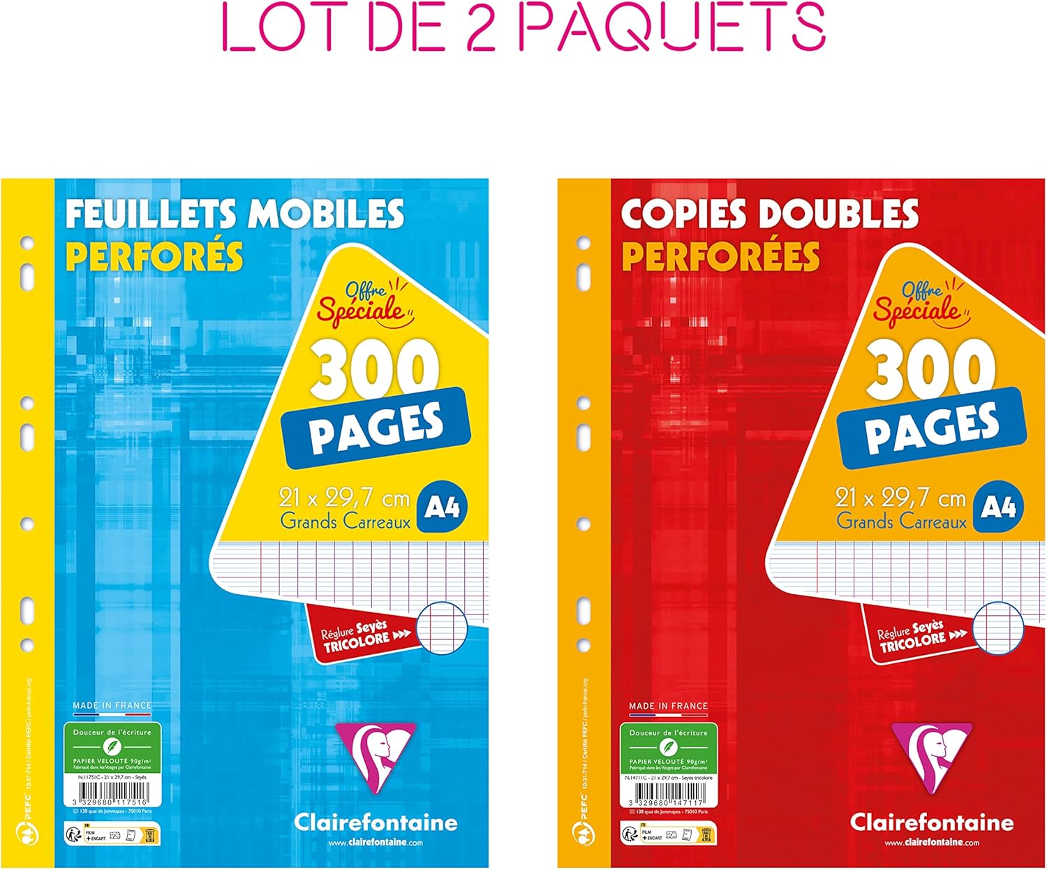 Thumbnail 1 de Clairefontaine 11751AMZC – Lot de 2 paquets de copies perforées A4 90 g