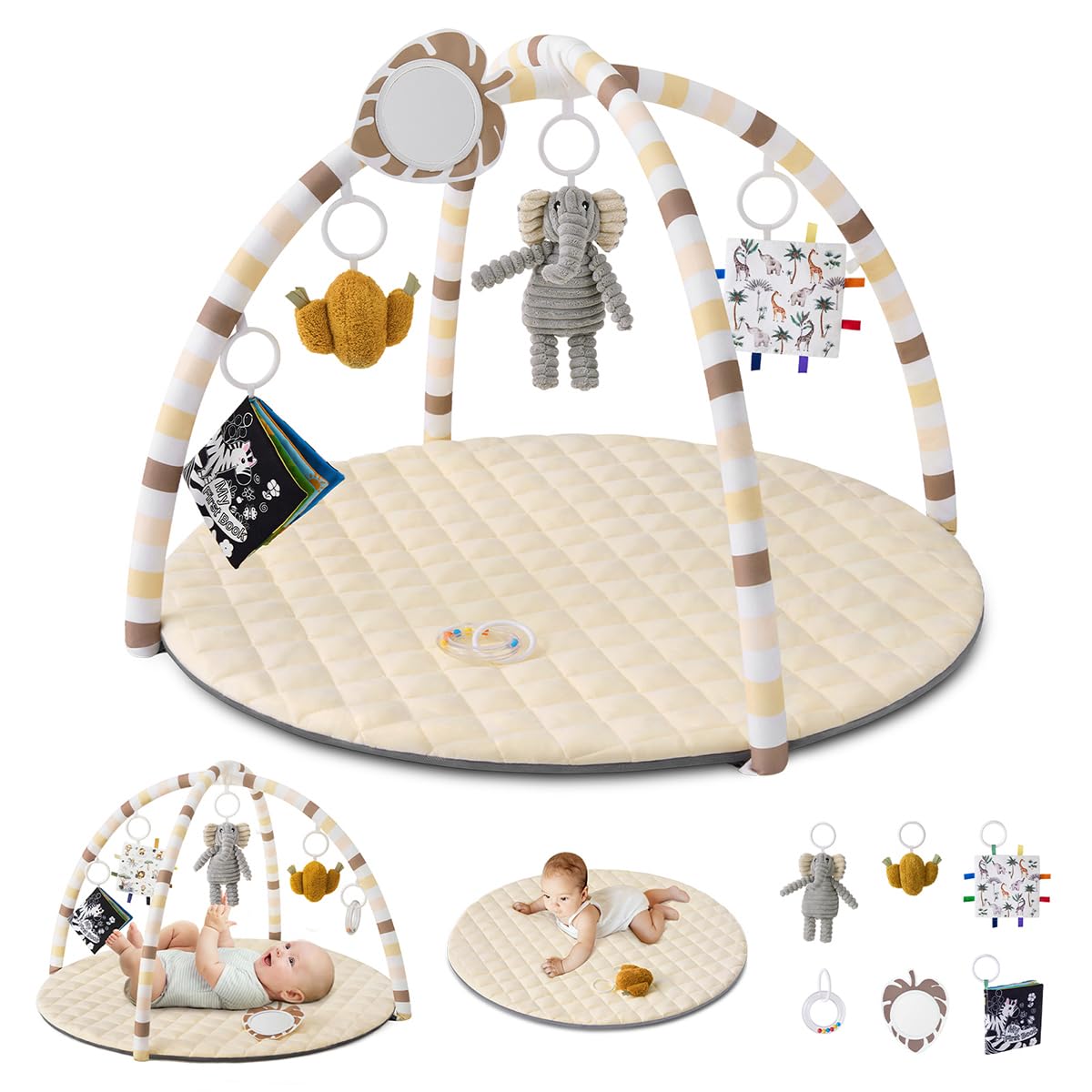 Blissful Diary Spielbogen Baby Spieldecke (85 × 85 cm) mit 6 abnehmbaren Spielzeugen – Beige