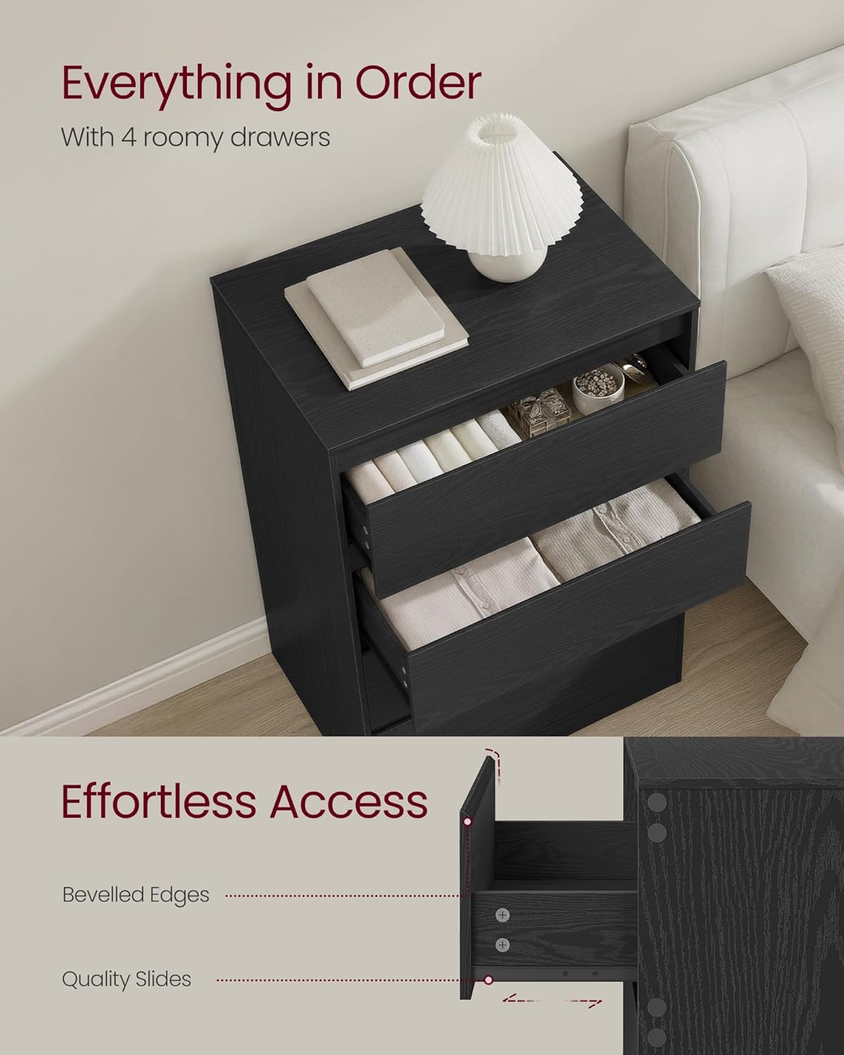 Detalle 2 de VASAGLE KAILYN LTS614BE05 4-drawer chest of drawers in ebony black (40 x 60 x 97.4 cm)