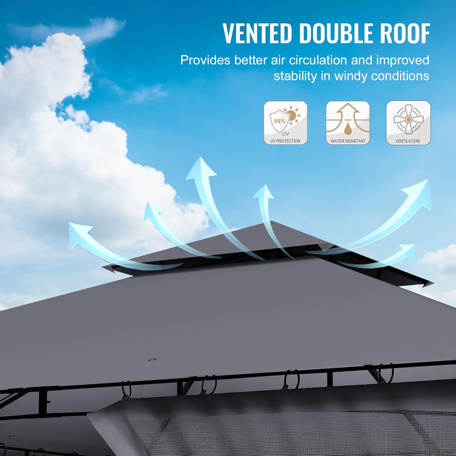 Thumbnail 2 de UDPATIO Tonnelle de jardin extérieure 2,8x2,8 m double toiture avec moustiquaire – gris