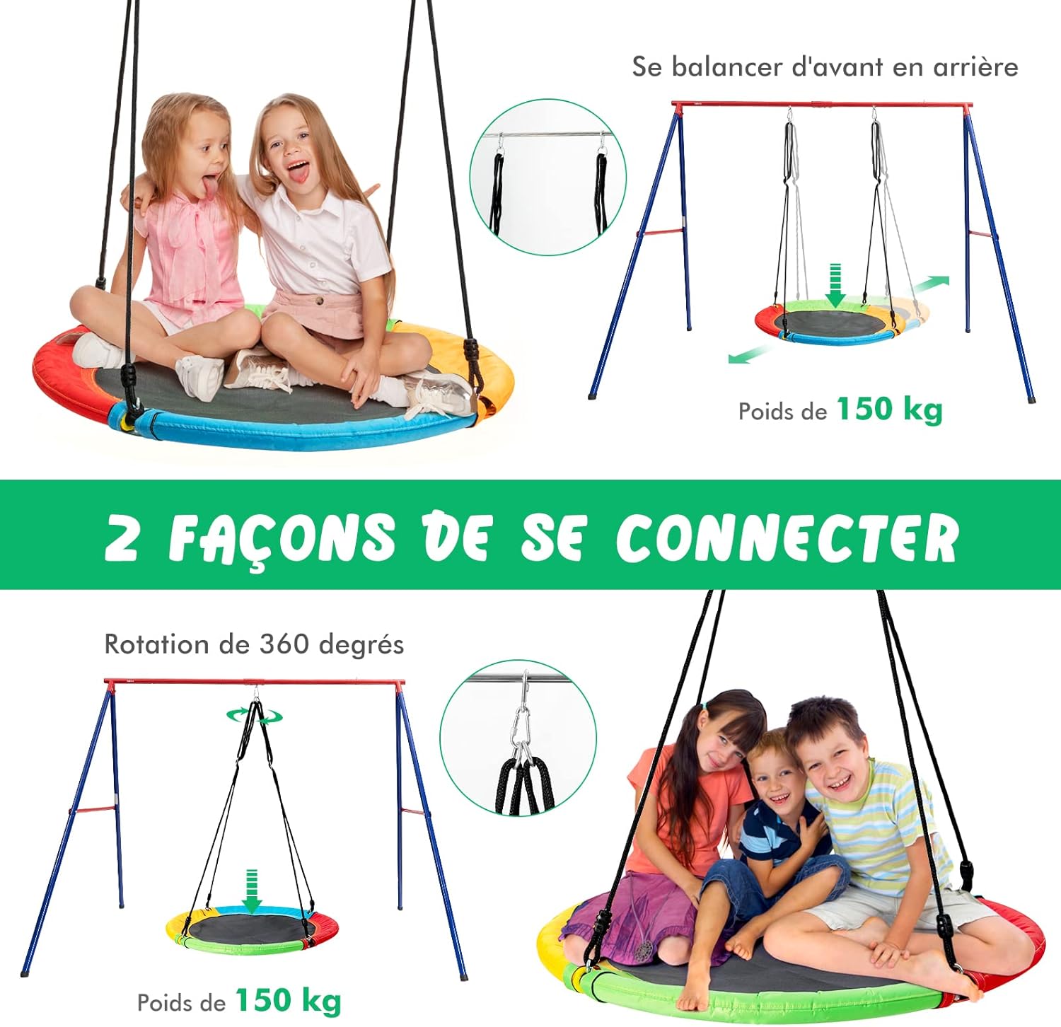 Thumbnail 5 de ENSEMBLE COSTWAY: 2 balançoires (Initié nid d'oiseau Ø1 m et ceinture 1,2 m) – Réglables, jusqu’à 150 kg