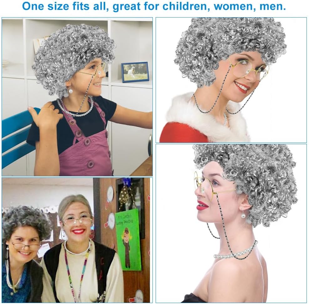 Detalle de EMAGEREN 7 Pcs Old Lady Cosplay Set: Granny Wig, Glasses & Accessories for Halloween