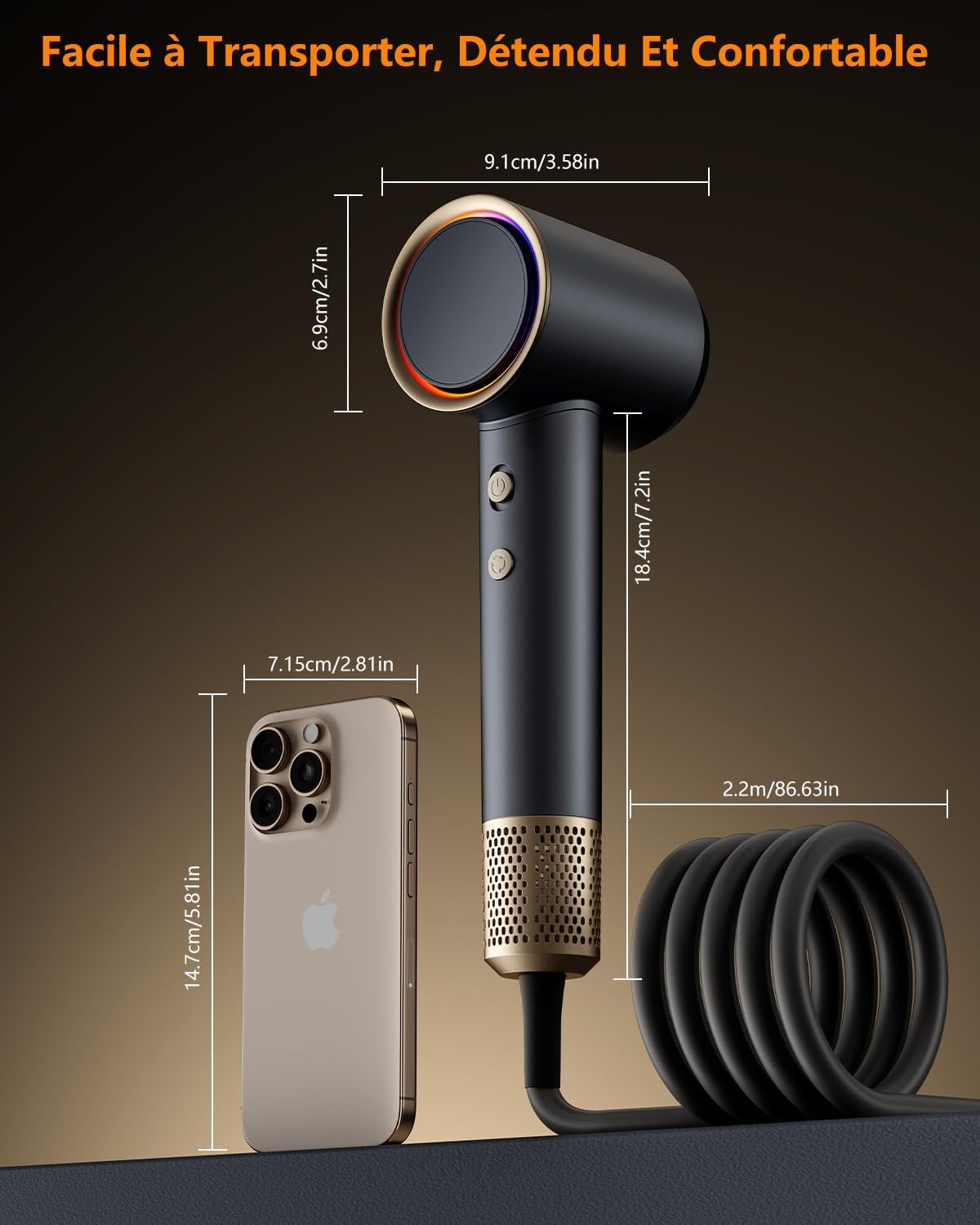 Thumbnail 5 de Aidisy Sèche-cheveux de voyage puissant 110 000 tr/min, 1 concentrateur et 6 vitesses