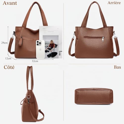 Detalle de Mabecol sac shopper moyen en PU marron, compartiments multiples et bandoulière réglable