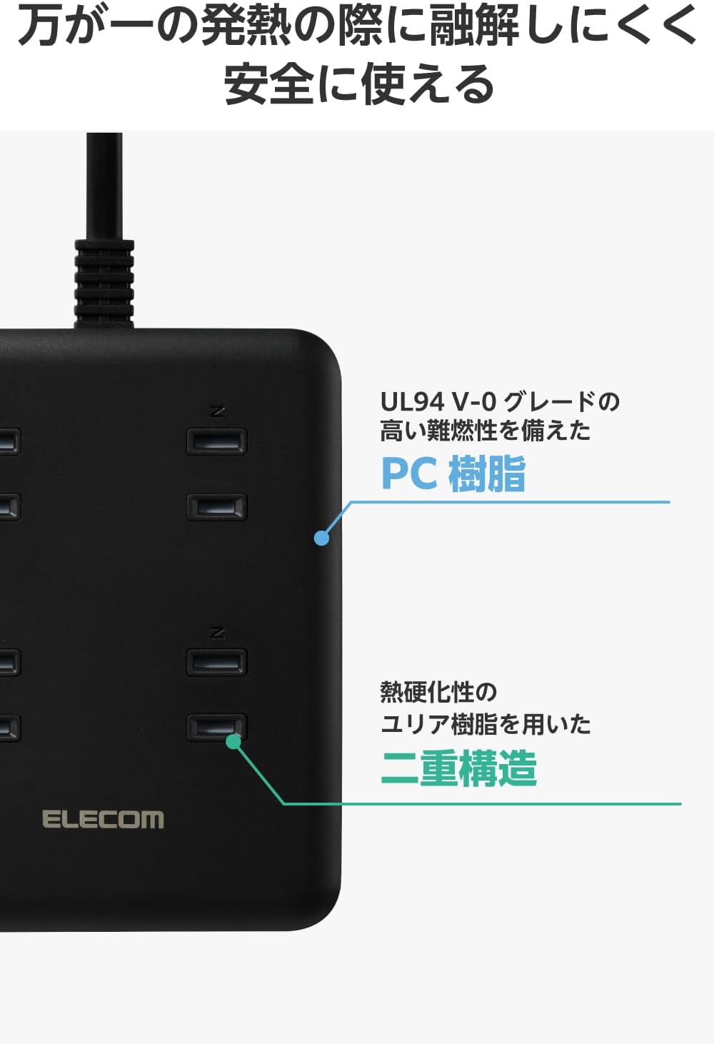 Detalle de エレコム ECT-44-8A2C25BK 電源タップ 8個口・USB 3ポート・PD 20W対応