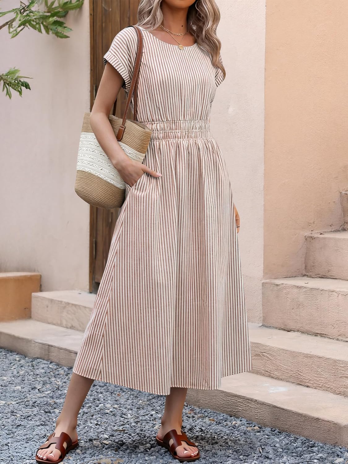 Thumbnail 3 de ANRABESS Women's Summer Midi Dress with Stripes and Pockets
